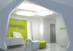 Gambar 3D area interior koridor, interior ruang praktek dokter dan interior ruang periksa klinik gigi di Bidakara Pancoran Jakarta Selatan